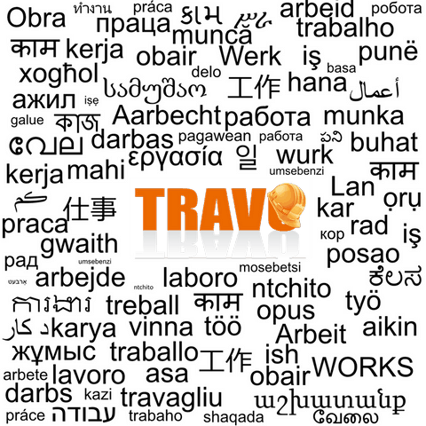 Nuage du mot « travail » dans de nombreuses langues autour du logo Travo